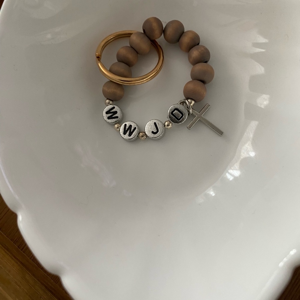 Wooden Bead W.W.J.D. Bracelet with Gold and Silver Accents Keychain  set of 2